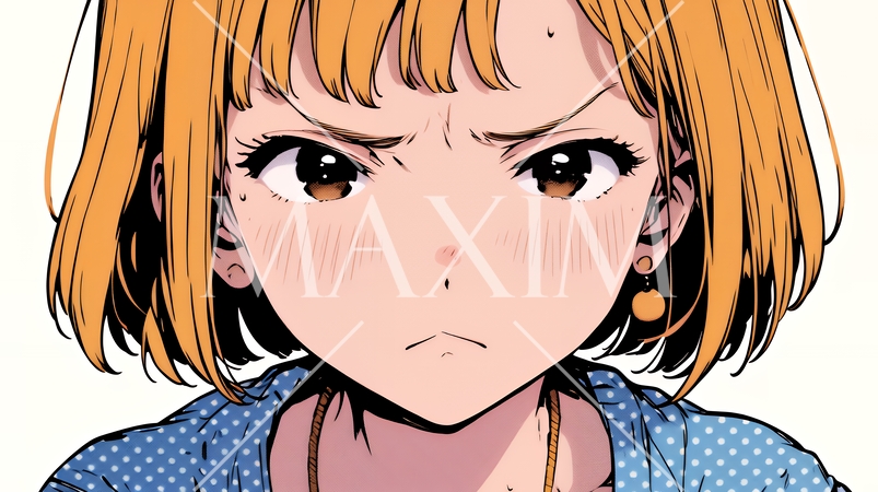 口と顔を歪めて嫌な感情を表している若い女性