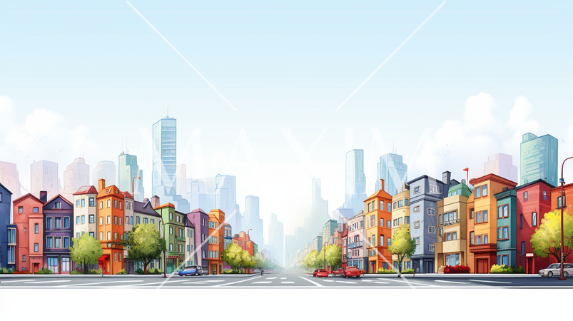 オフィスビル街のカラフルなポップアートなイメージ