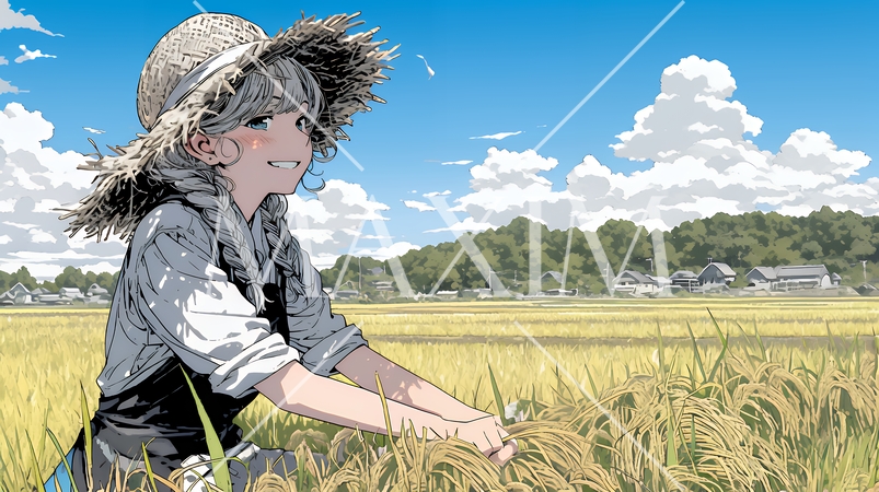 田んぼで農作業をしている女性