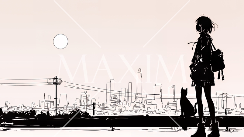 若い女性が佇む都市の街角（シンプルな色使い）