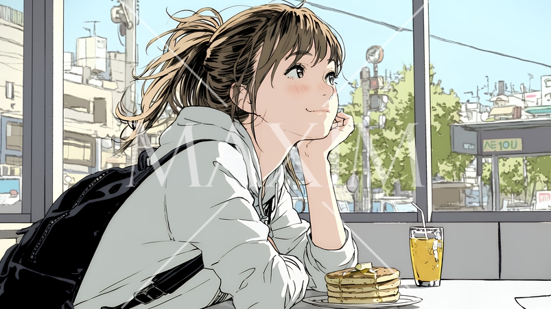 早朝のダイナー（喫茶店）でパンケーキ（モーニングセット）を食べる若い女性