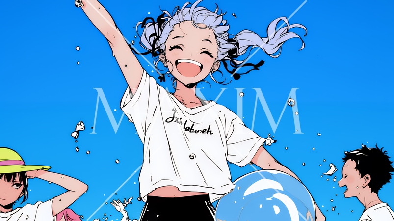 夏休みの思い出：友達と海水浴に行く（シンプルな色使い）