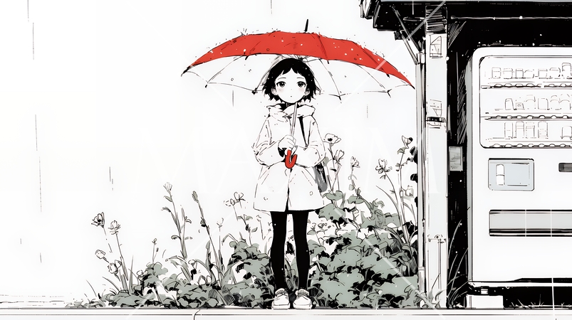 雨の中を歩く女性（シンプルな色使い）