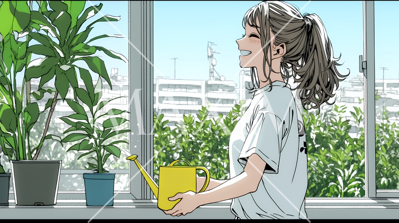 観葉植物の世話をする若い女性