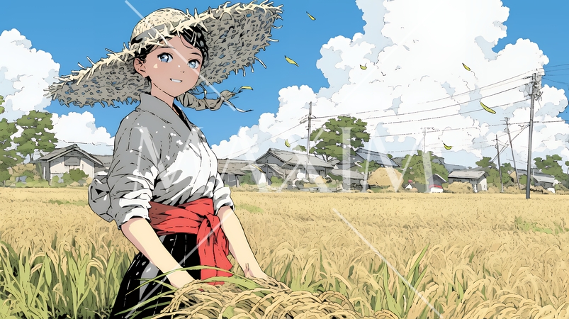 田んぼで農作業をしている女性