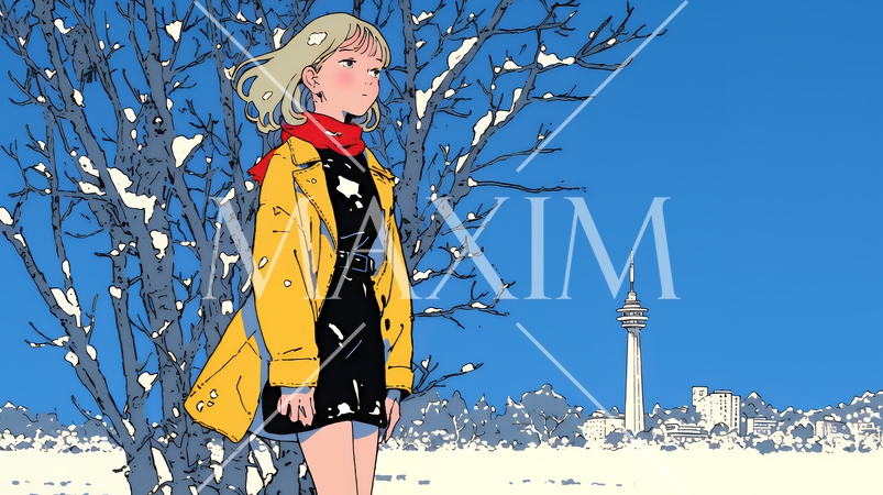 冬枯れの郊外の道を歩く若い女性