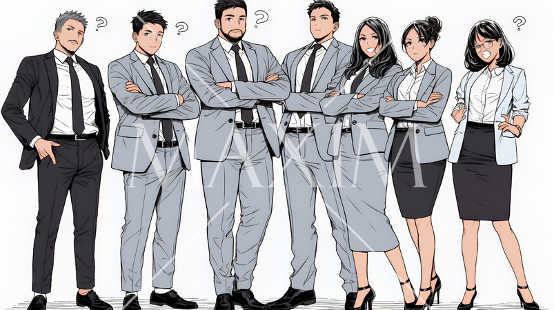 数人のビジネスパーソンが腕組みをして疑問を抱いた顔をしている