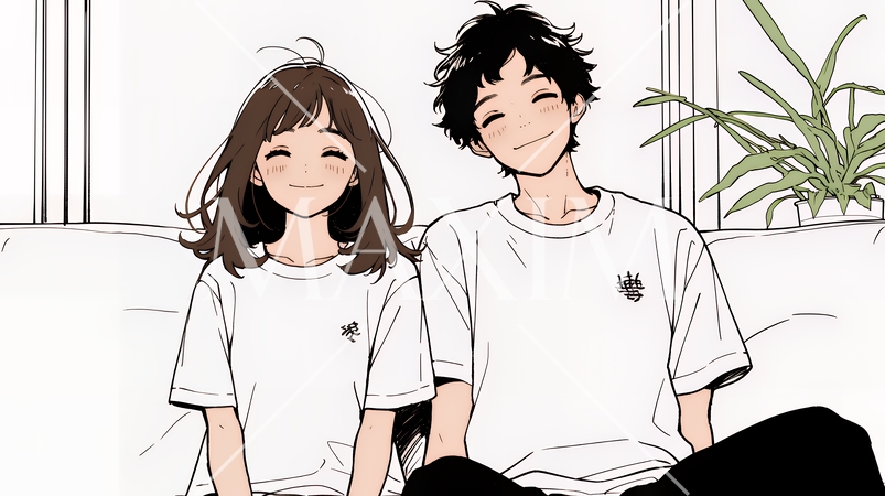 幸せそうなカップル：リビングルームて談笑（シンプルな色使い）