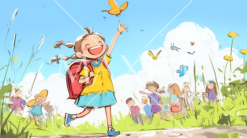 小学生の夏の思い出：友達とピクニック（クレヨン＋水彩画風）