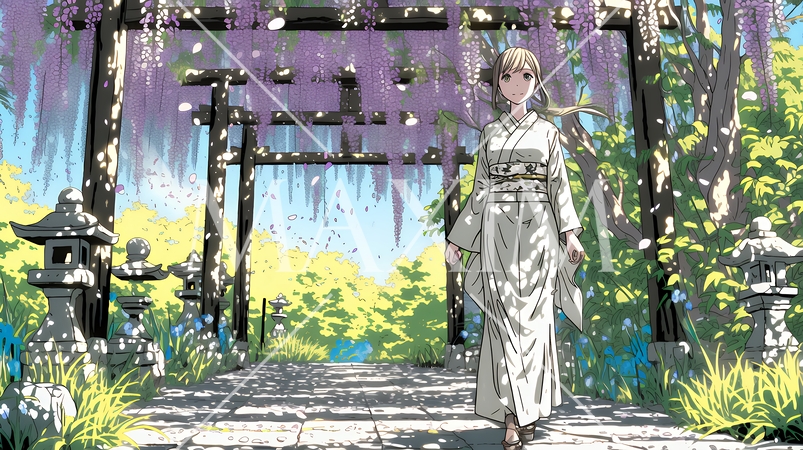 満開の藤の花の下を歩いている若い女性