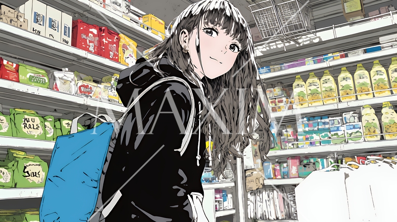 スーパーマーケットで買い物をしている若い女性