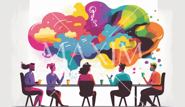 会議とブレインストーミング：人々が会議室で議論し、アイデアを出し合う場面。