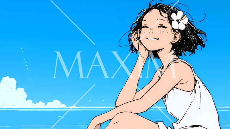 一人旅の若い女性と夏のビーチの風景（シンプルな色使い）