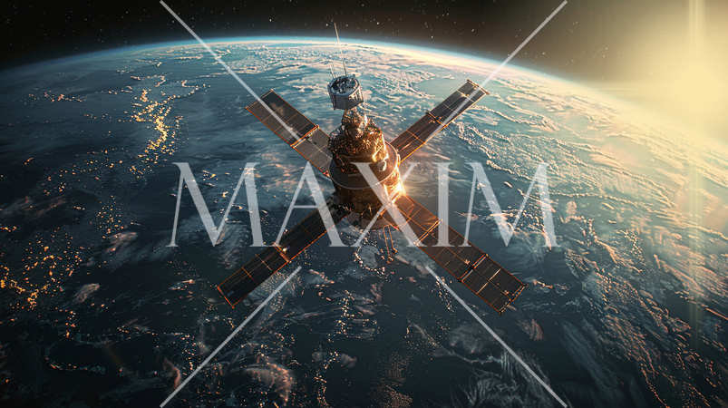 日の出の太陽の光を浴びている人工衛星