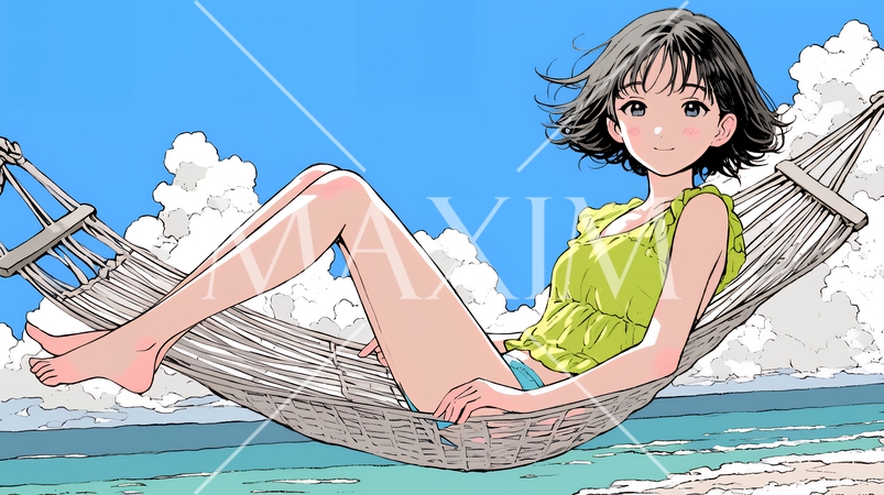 コピースペースを考えた青い空と青い海とハンモックと若い女性のイラスト