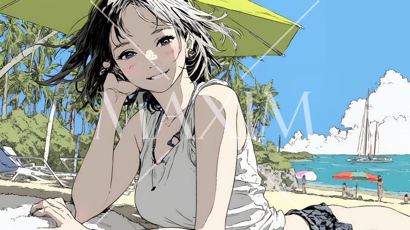 夏の南国の海辺を一人で旅行中の若い女性