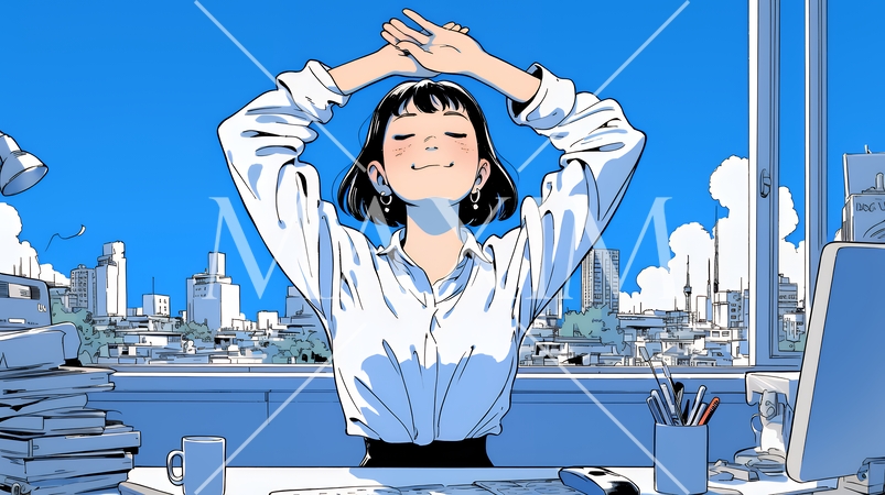 仕事の合間にストレッチ（伸び）をする女性