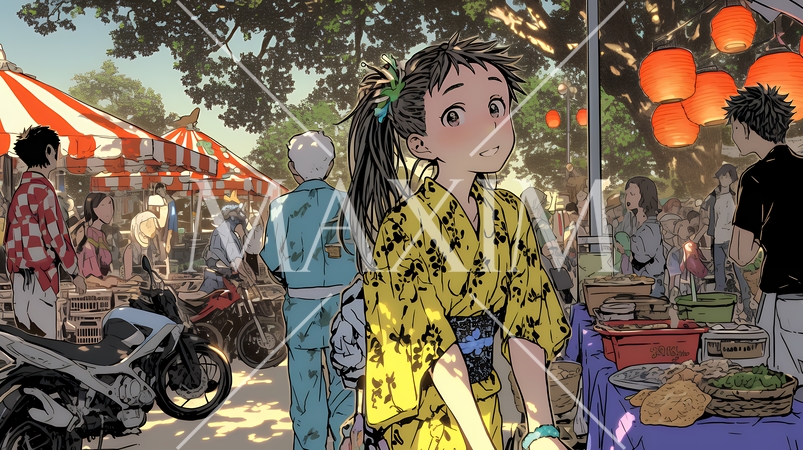 縁日屋台が立ち並び、賑わいを見せる祭りの夜