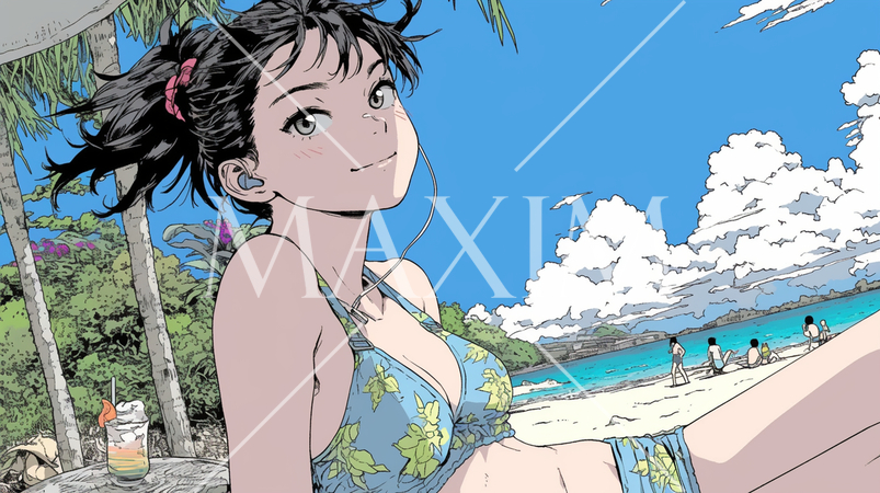 南国の海岸にビキニ姿でいる若い女性