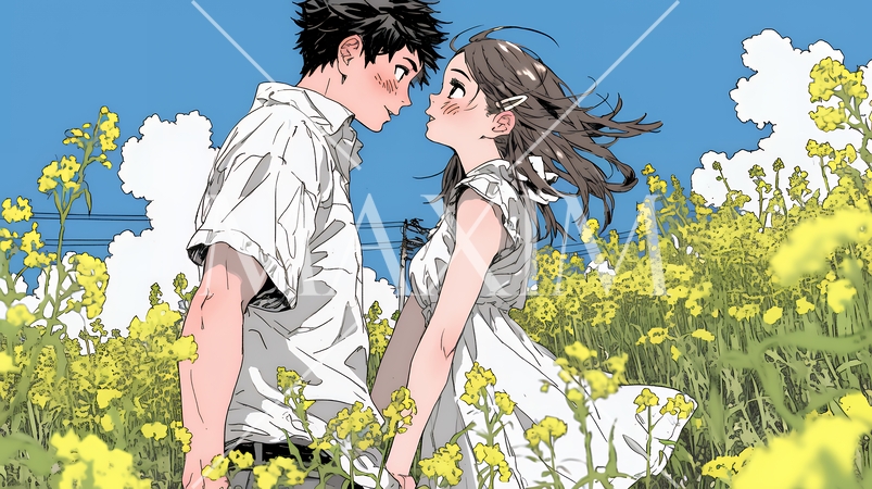 菜の花畑でデートをしている若いカップル