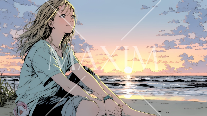 のんびり・ゆったり：夏のビーチで夕日を眺める若い女性