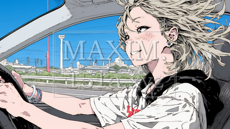 自動車を運転する若い女性｜爽やかで自然なドライブ風景のイラストポートレート（イラストID:1342071-18091）
