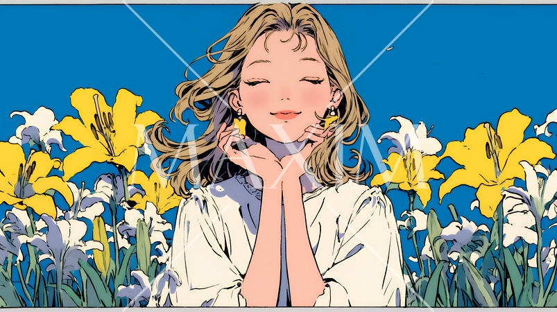 ユリの花と若い女性