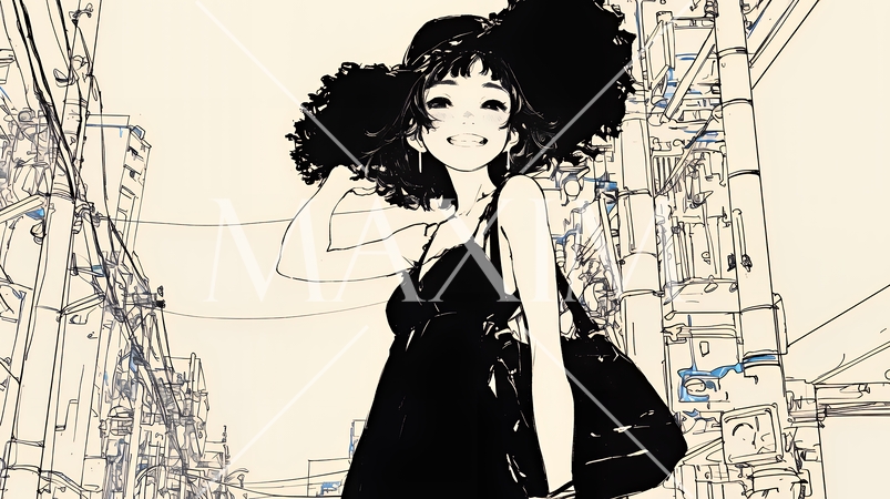 若い女性が佇む都市の街角（シンプルな色使い）