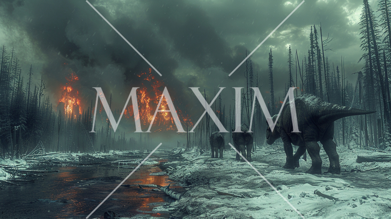 6500万年前、巨大隕石衝突による大森林火災と大寒波に見舞われている恐竜：精緻CG