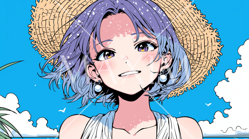 南の島の炎天下に一生懸命歩いていいる若い女性