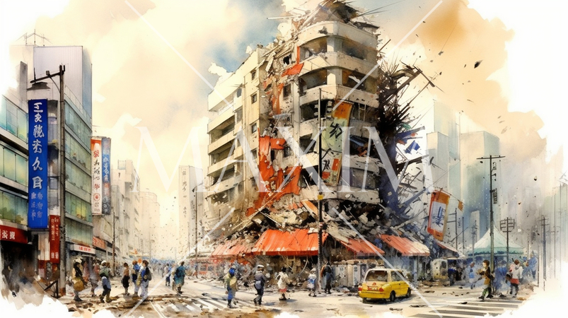 都市を直撃する地震：都市直下型地震の水彩画