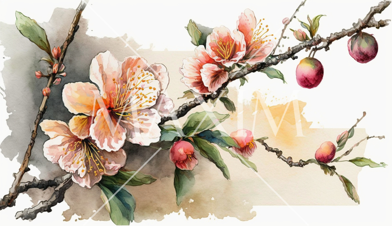 桃の花の水彩画