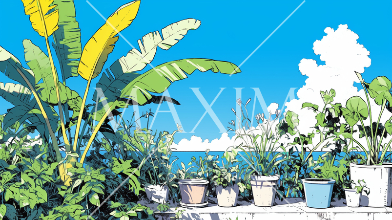 南国の庭と青い海と青い空と入道雲