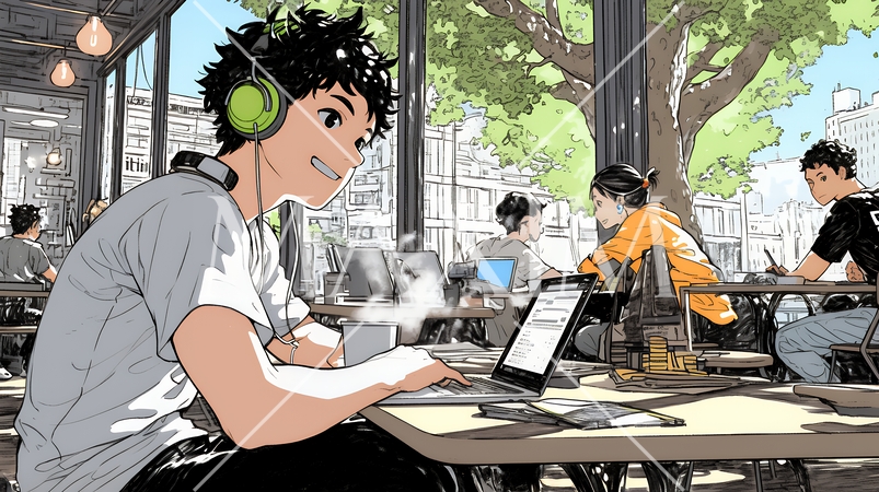 カフェでフリーランスや学生が仕事や勉強をしている