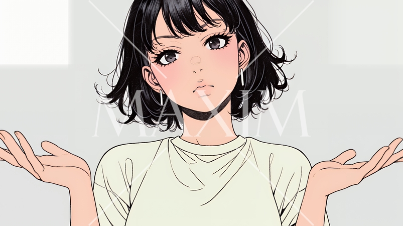 肩をすくめて困惑・諦めの仕草をしている若い女性