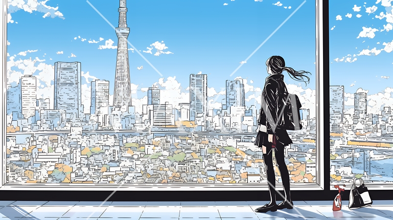 高層ビル群を見下ろすキャリア女性
