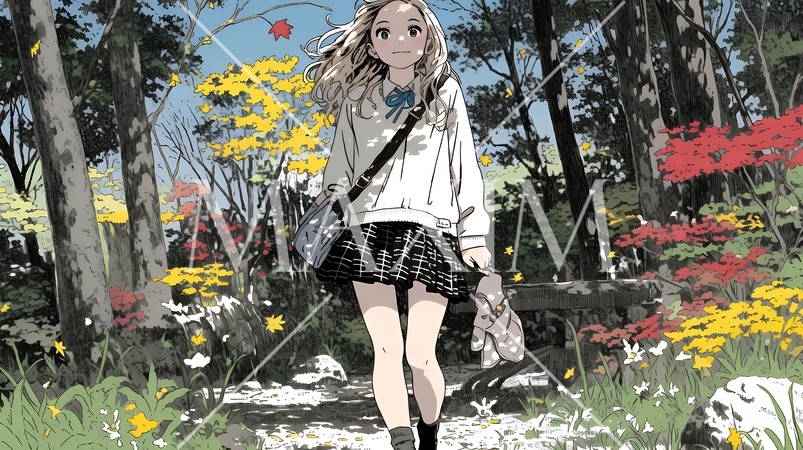 紅葉の小径を歩く若い女性