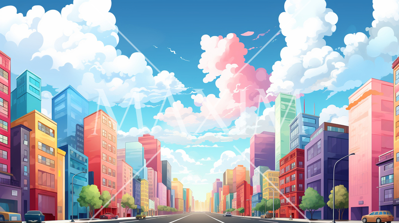 オフィスビル街のカラフルなポップアートなイメージ