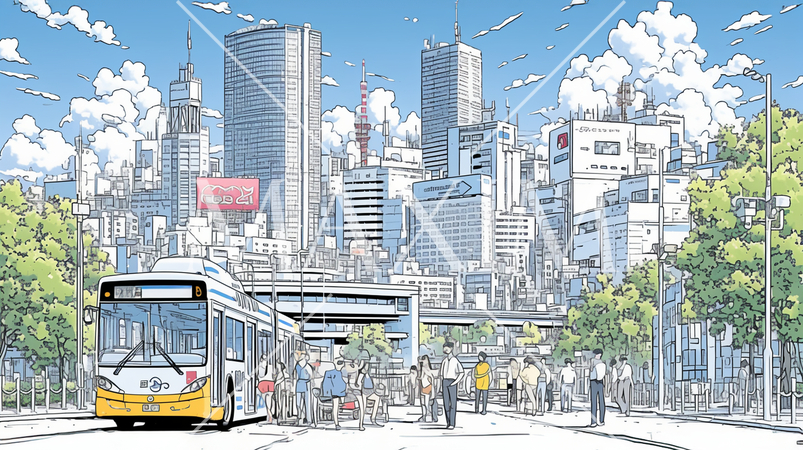 高層ビル群を背景のバス乗り場のある都会の風景