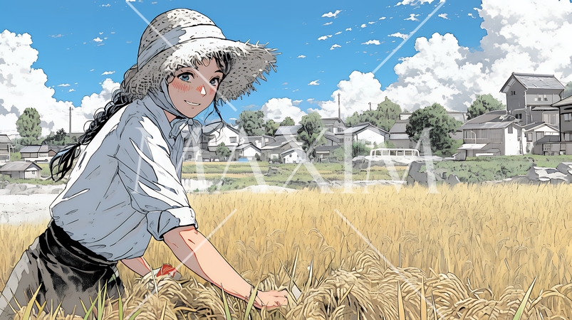 田んぼで農作業をしている女性