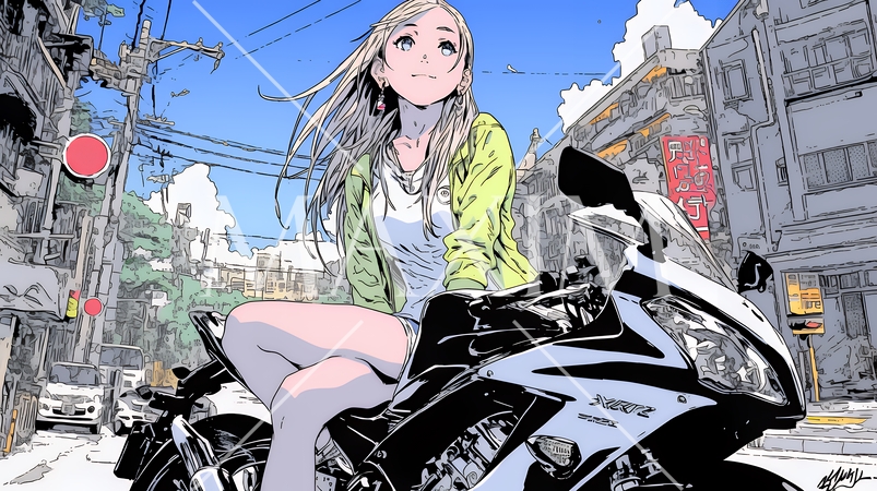 彼氏のバイクに腰掛ける若い女性