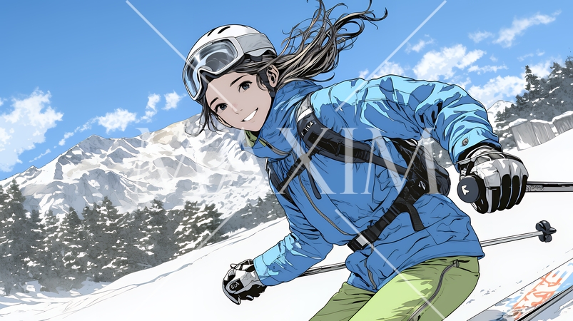 スキーを楽しんでいる若い女性