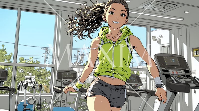 休日にジムで軽く運動する若い女性