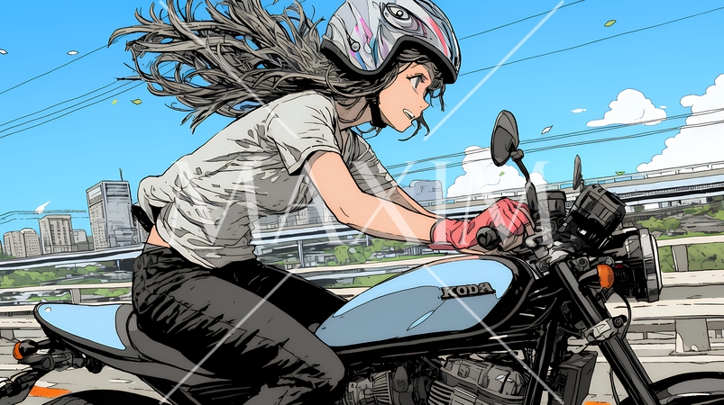 バイクに乗っている若い女性