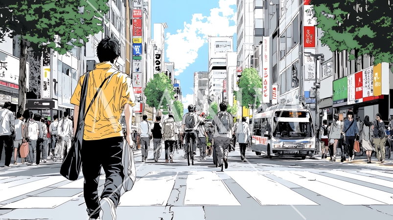 晴れた日に東京の商店街を歩く