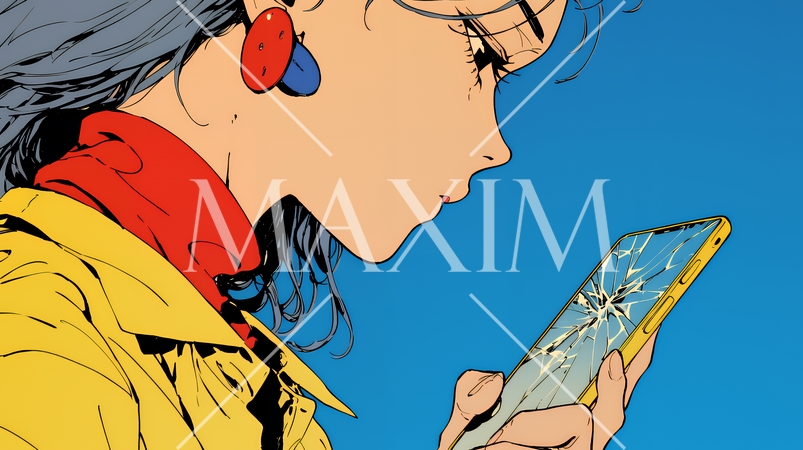 画面が激しく割れているスマートフォンを手にしているいる若い女性