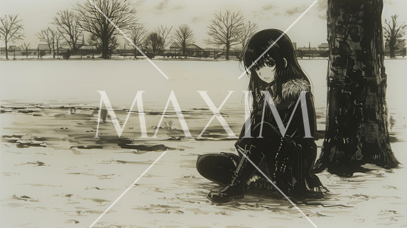 公園でしゃがみ込んで考え事をしている若い女性