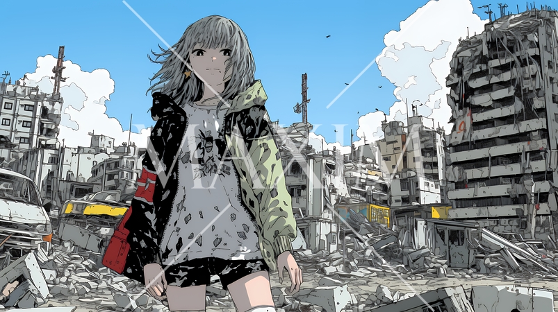 震災や空爆などで破壊された街で孤独に立ちすくむ若い女性