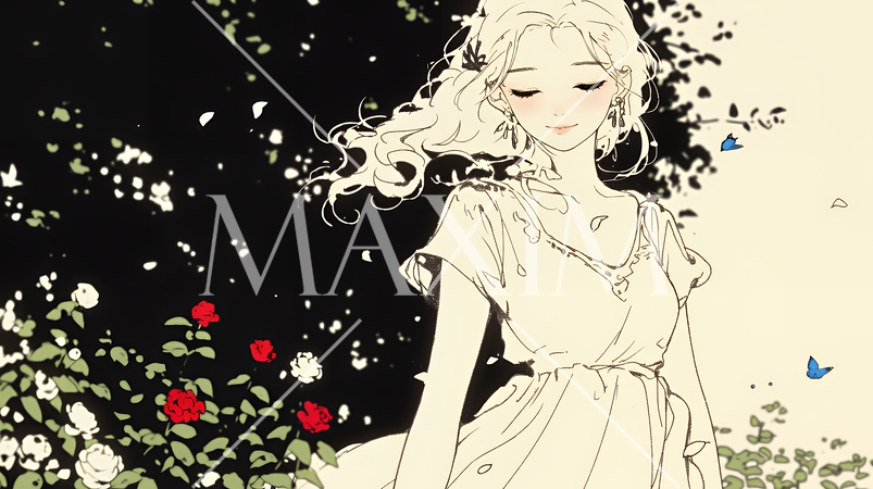 バラ園を散策している若い女性（シンプルな色使い）