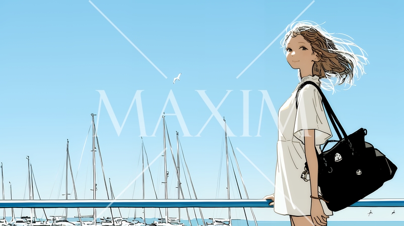 沖縄のヨットハーバーに立つ若い女性（シンプルな色使い）